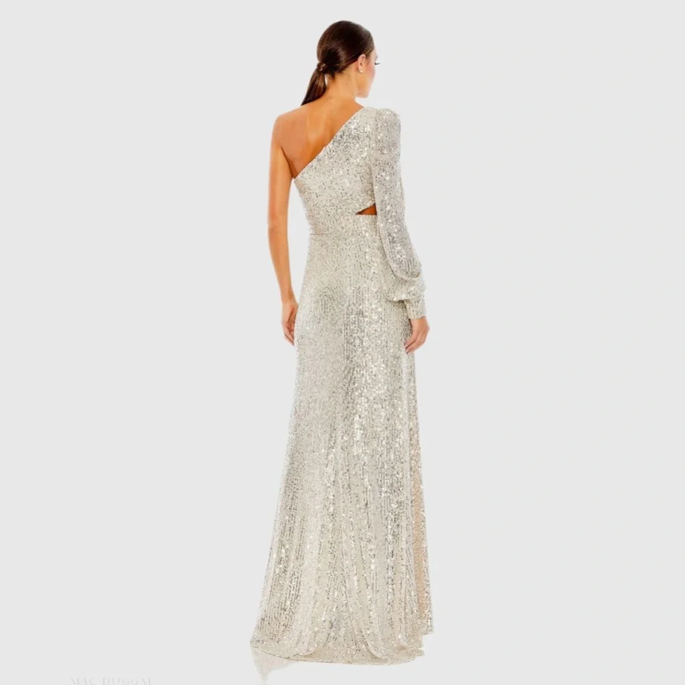 NWT $298 MAC DUGGAL Silver Sequined One Shoulder Cut Out Gown Dress 26730 - Picture 4 of 5